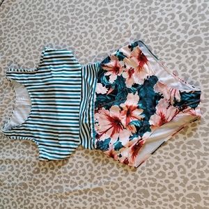 Striped and Floral One Piece Swimsuit